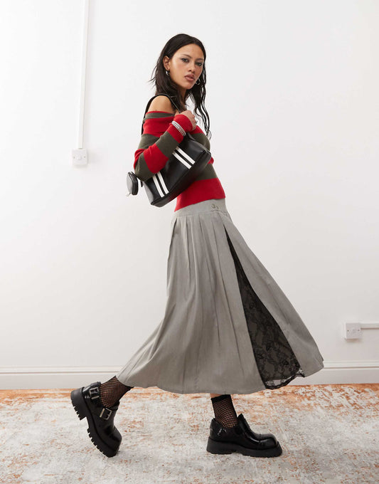 Pleated Midaxi Skirt Lace Insert Skirt