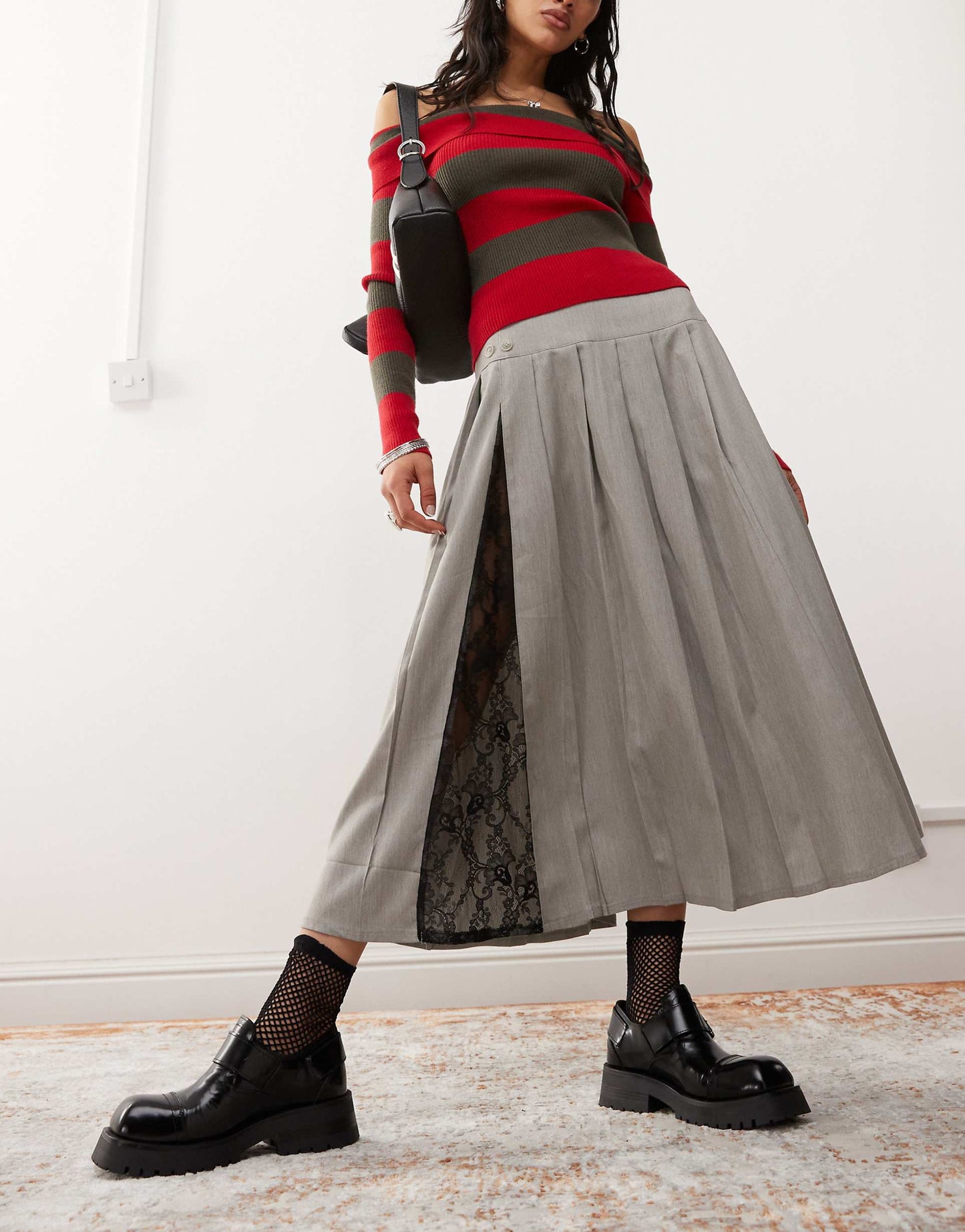 Pleated Midaxi Skirt Lace Insert Skirt