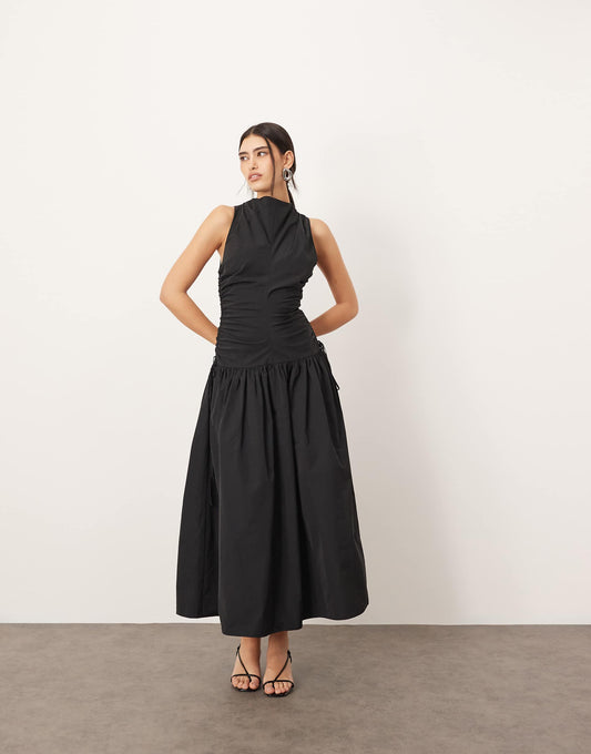 Drop Waist Ruched Detail Funnel Neck Maxi Dress