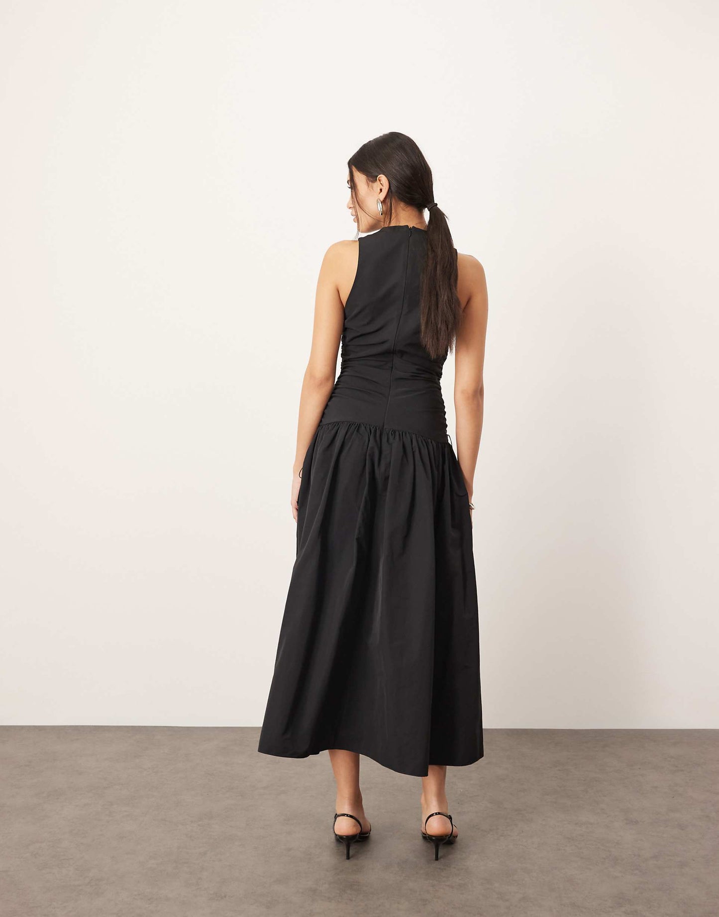 Drop Waist Ruched Detail Funnel Neck Maxi Dress