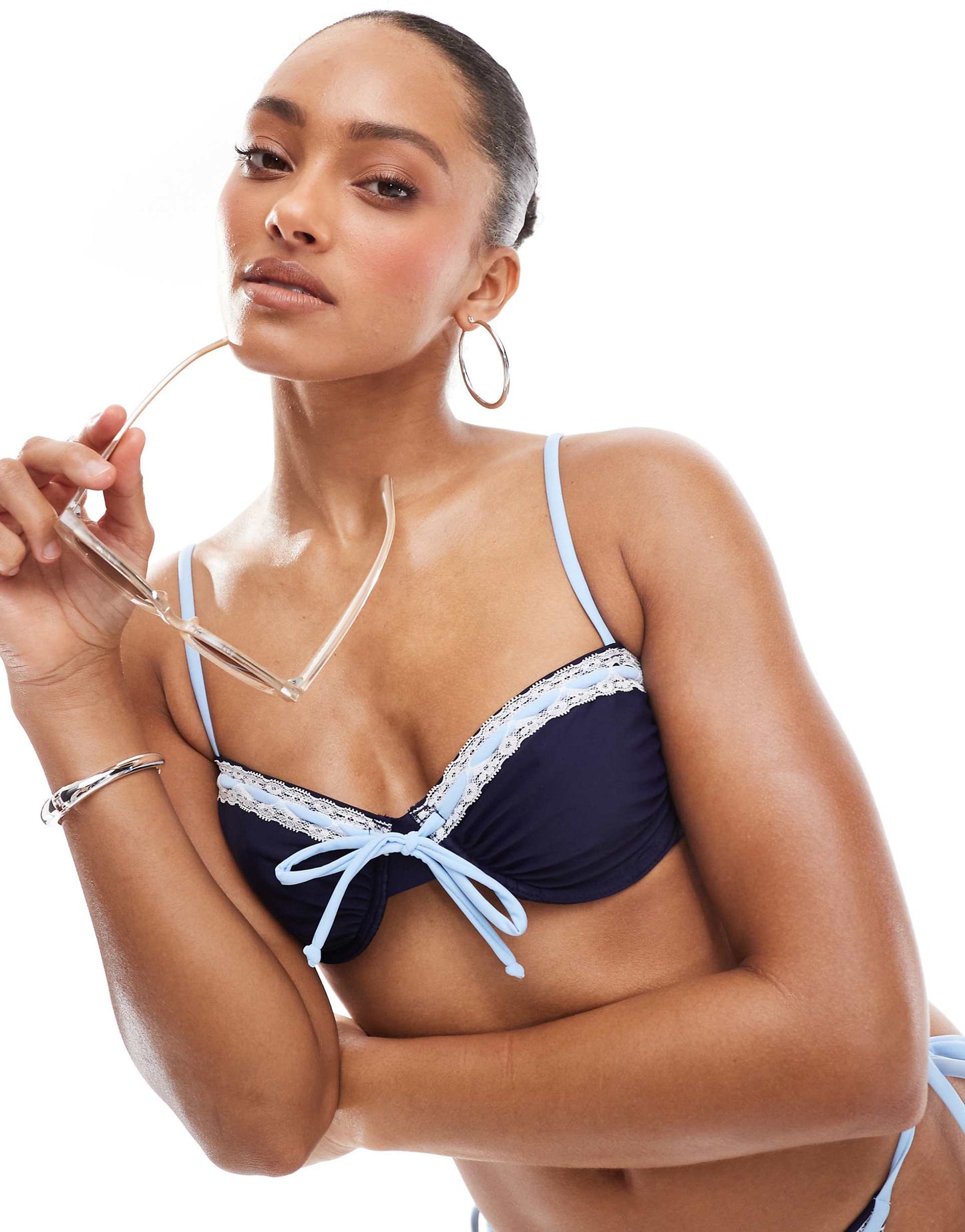 Exclusive Contrast Tie Front Cupped Lace Trim Bikini Top Co-Ord