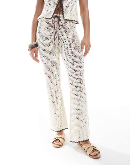 Exclusive Crochet Knitted Contrast Tie Wide Leg Beach Trouser Co-Ord