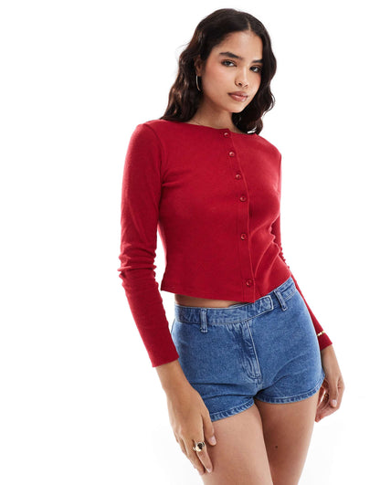 Pointelle Shrunken Button Through Long Sleeve Top