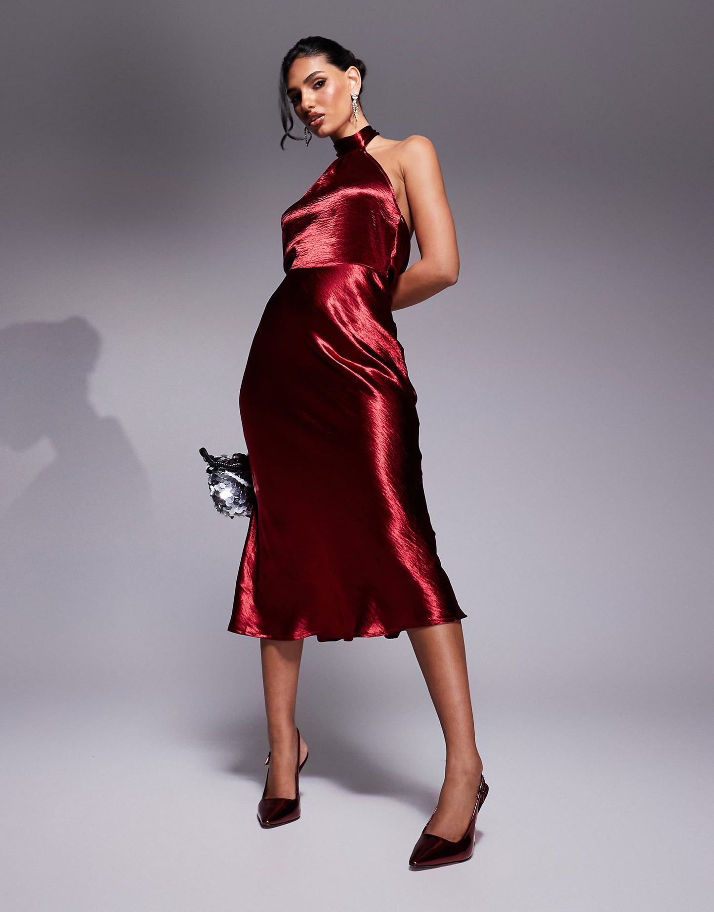 Liquid Satin Halterneck Cowl Back Midi Dress