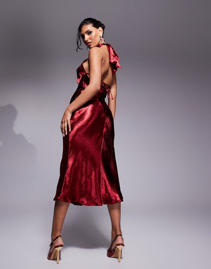 Liquid Satin Halterneck Cowl Back Midi Dress