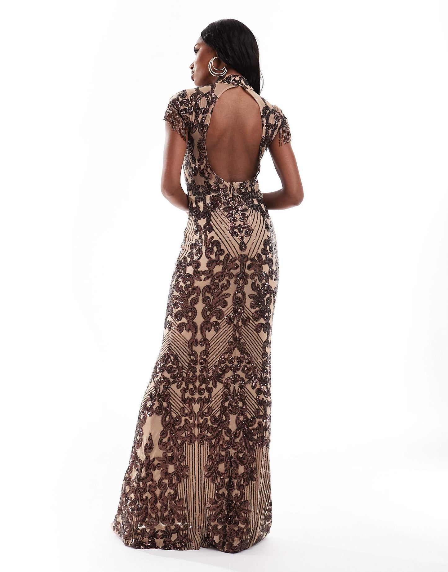 Embroidered Sequin Beaded Cap Sleeve Maxi