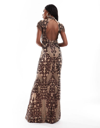 Embroidered Sequin Beaded Cap Sleeve Maxi