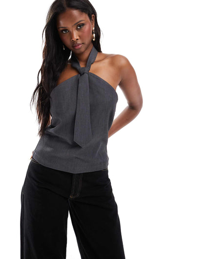 Tailored Halterneck Top With Tie Detail