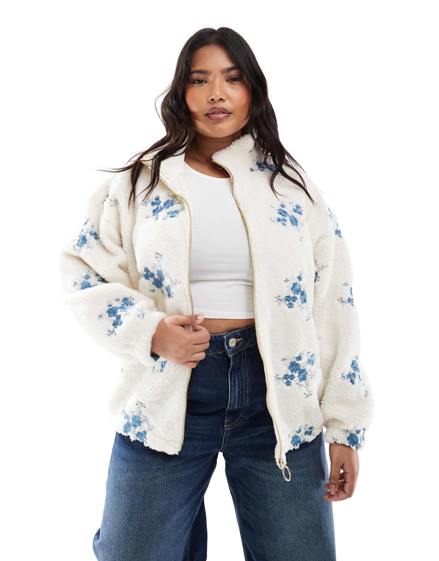 Curve Zip Through Teddy Embroidered Jacket
