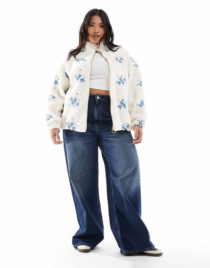 Curve Zip Through Teddy Embroidered Jacket