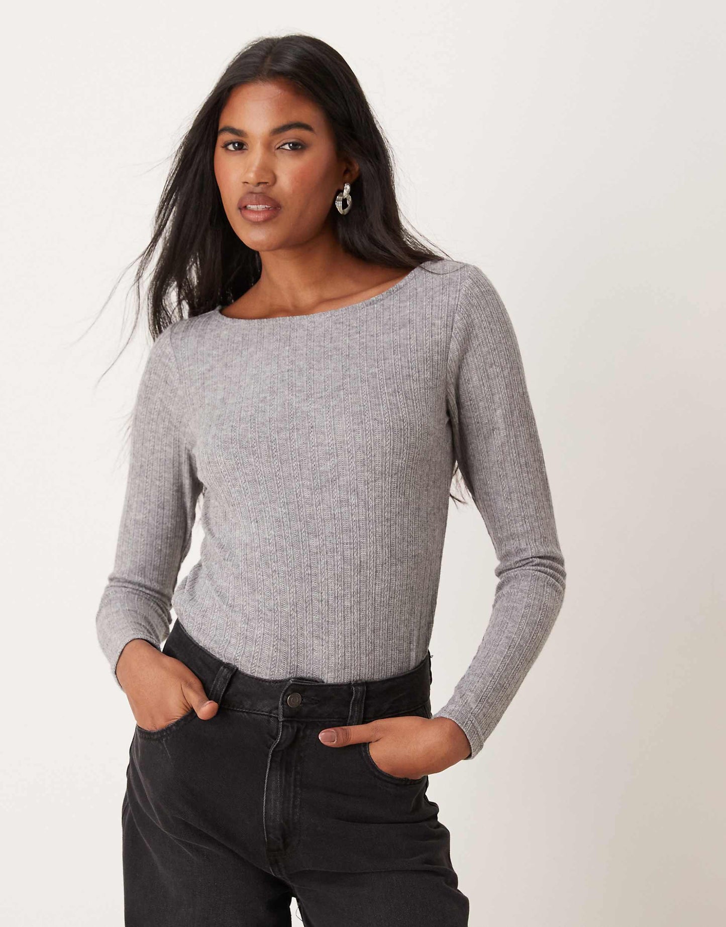 Mixed Ribbed Long Sleeve Top