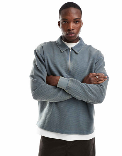 Polo Neck  Quarter Zip Ribbed Sweatshirt