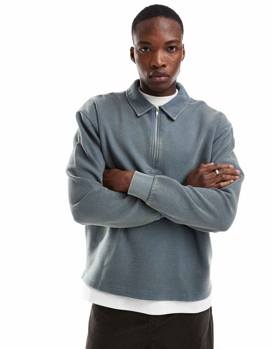 Polo Neck  Quarter Zip Ribbed Sweatshirt