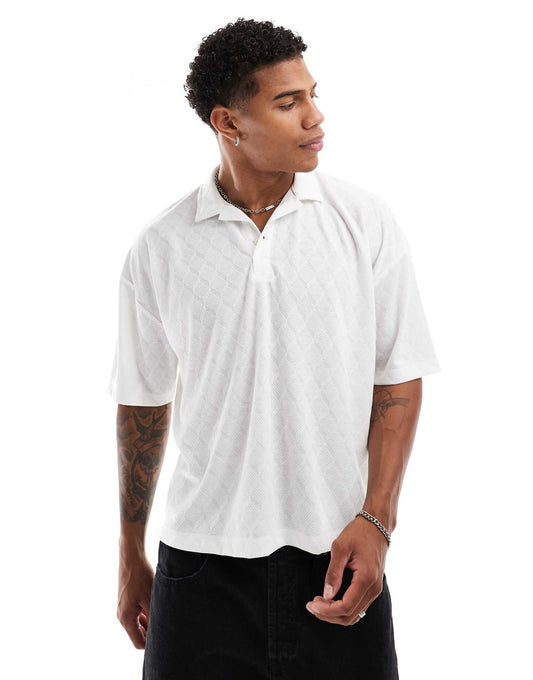 Oversized Boxy Polo Shirt With Diamond Texture
