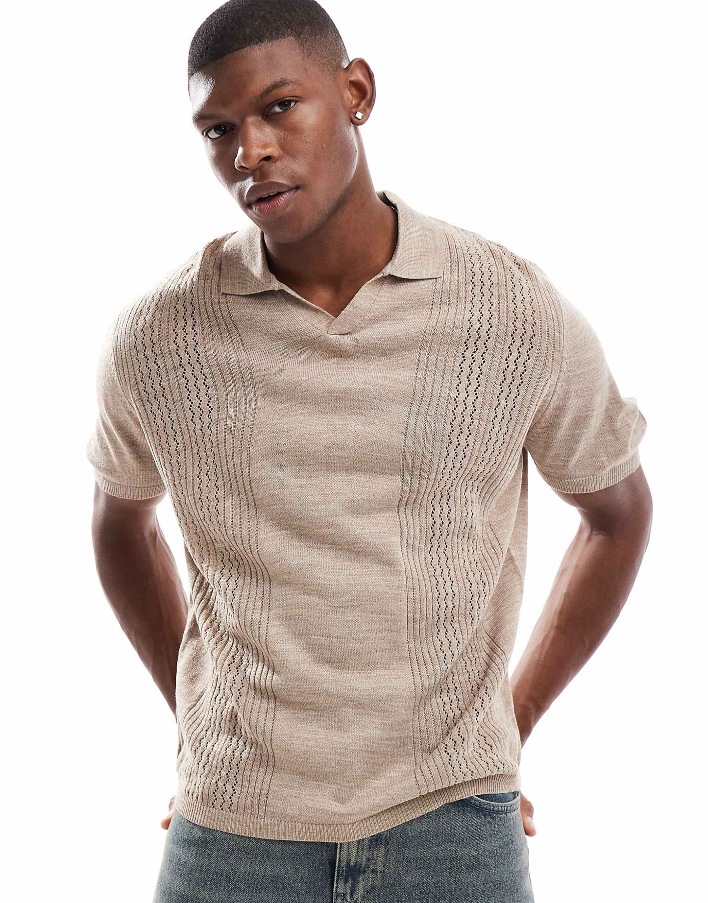 Relaxed Boxy Knitted Polo Shirt With Vertical Panels