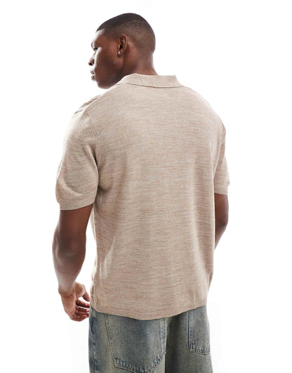 Relaxed Boxy Knitted Polo Shirt With Vertical Panels