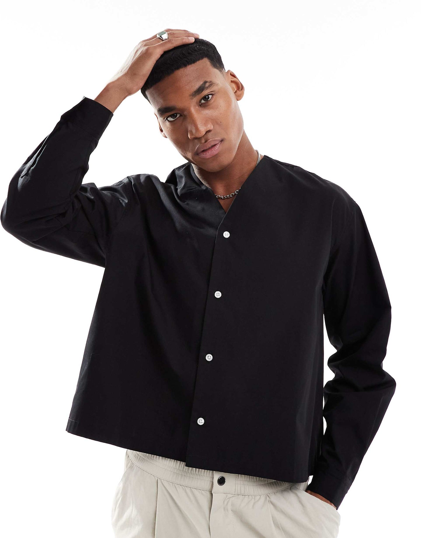 Oversized Boxy Shirt With Baseball Collar