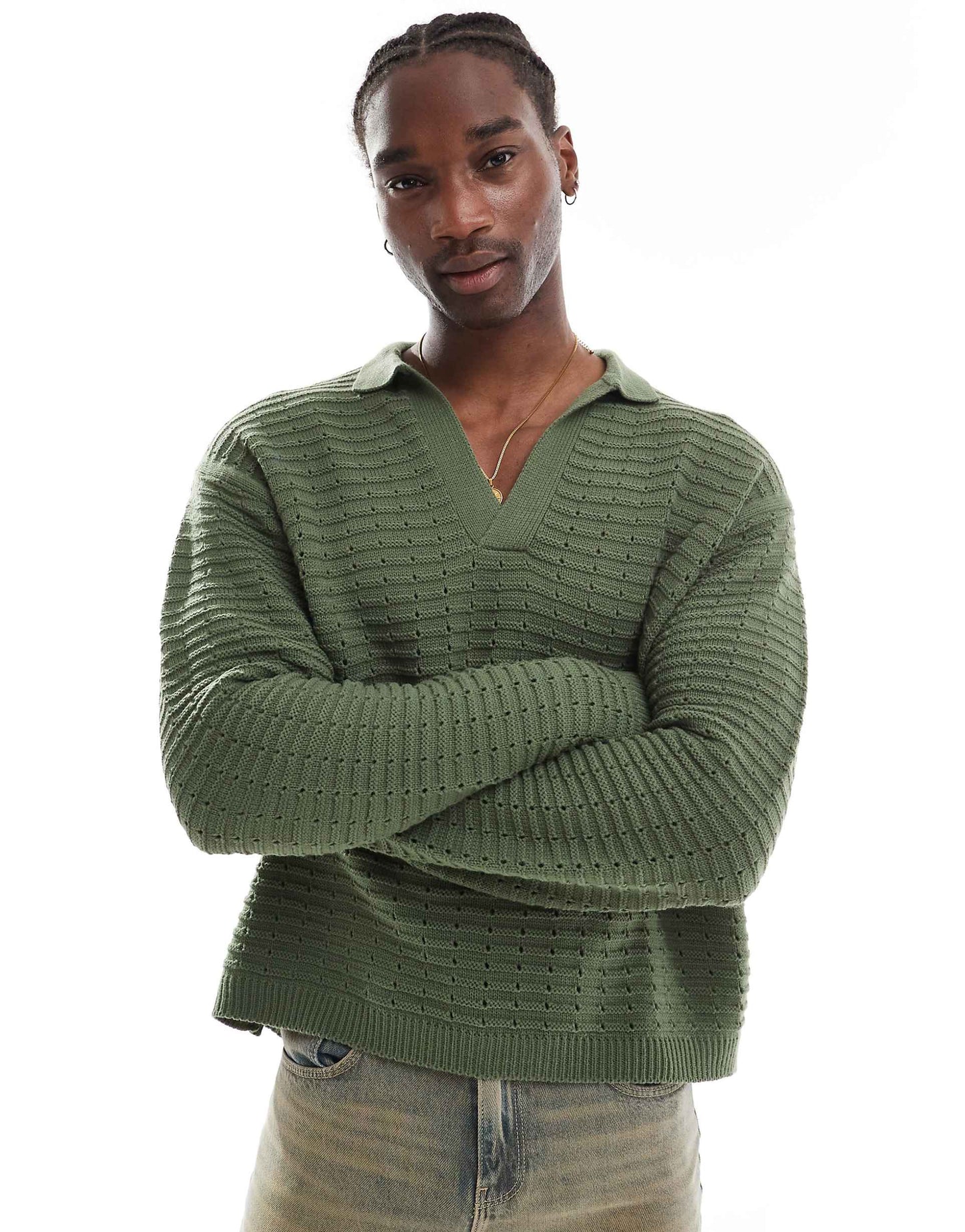 Oversized Boxy Knitted Long Sleeve Polo Shirt With Texture