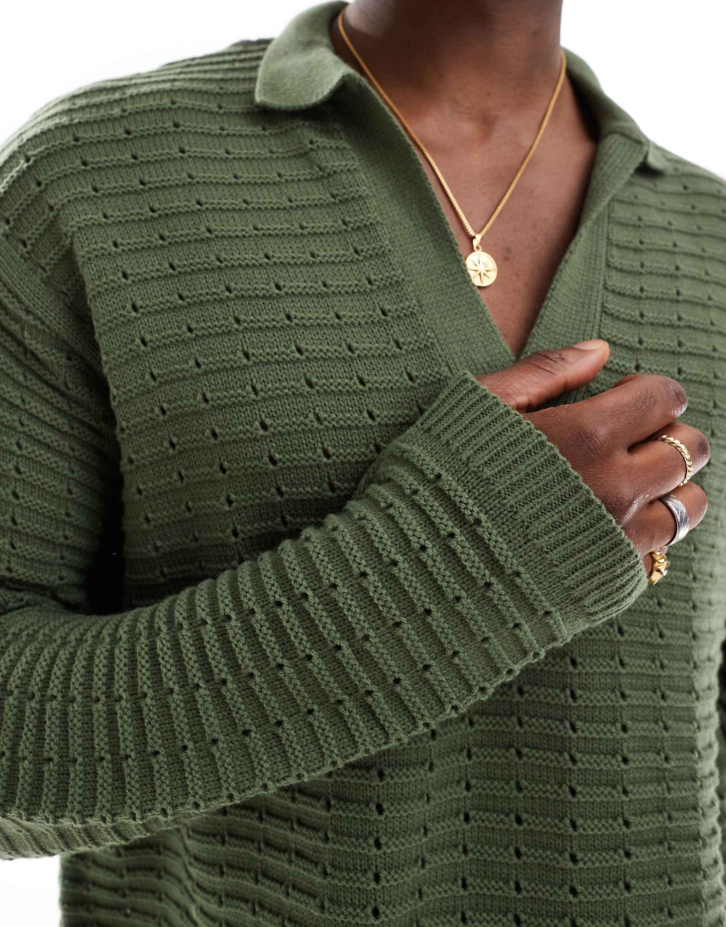 Oversized Boxy Knitted Long Sleeve Polo Shirt With Texture