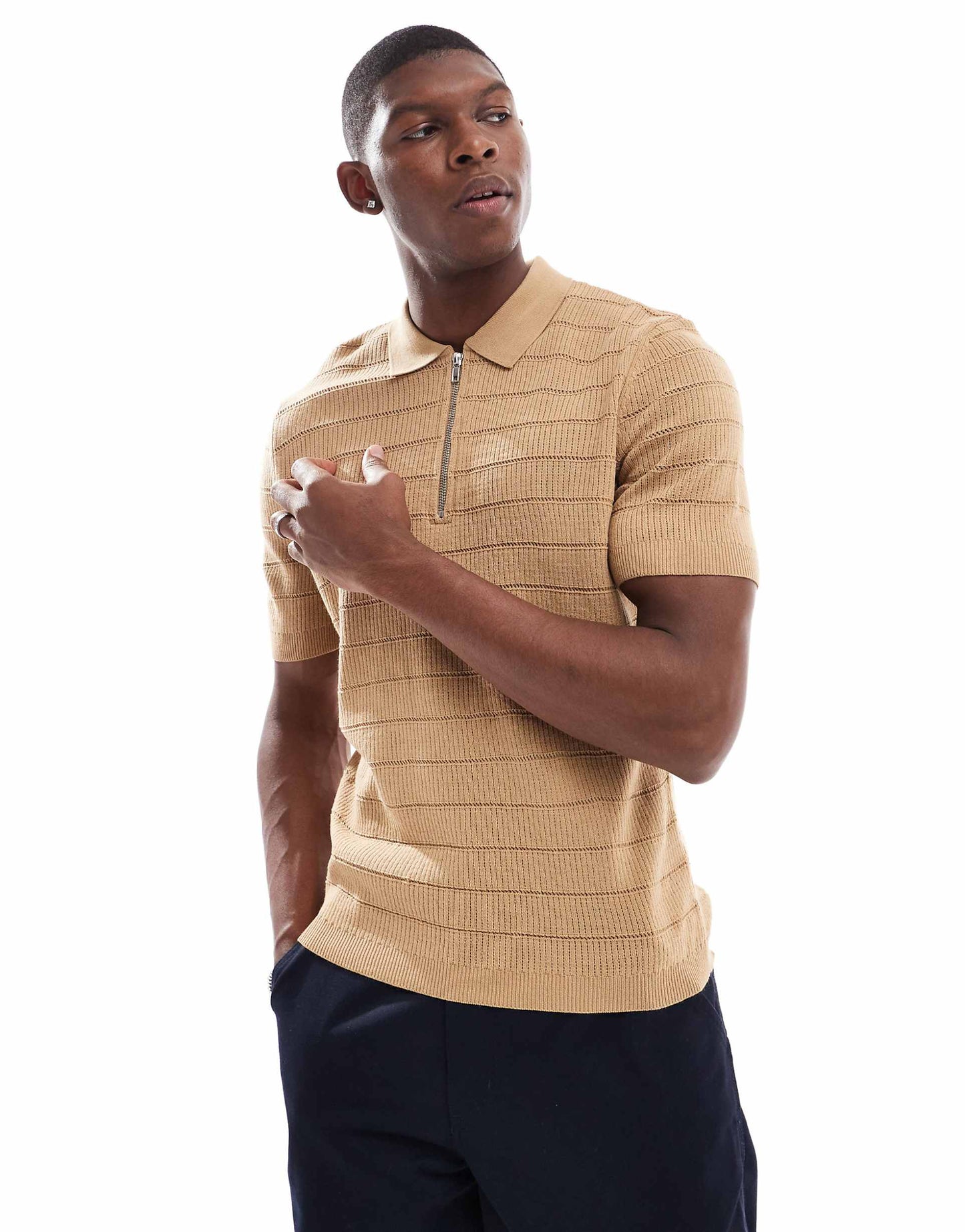 Standard Boxy Knitted Polo Shirt With Grid Stitch
