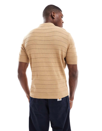 Standard Boxy Knitted Polo Shirt With Grid Stitch