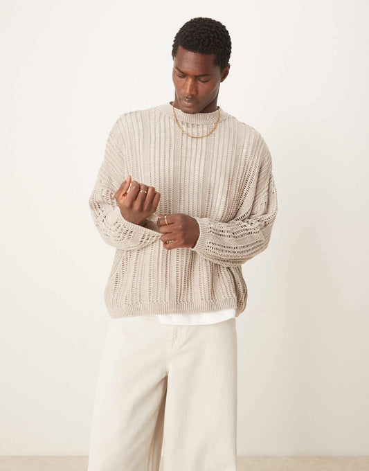Oversized Cropped Knitted Jumper With Laddered Design