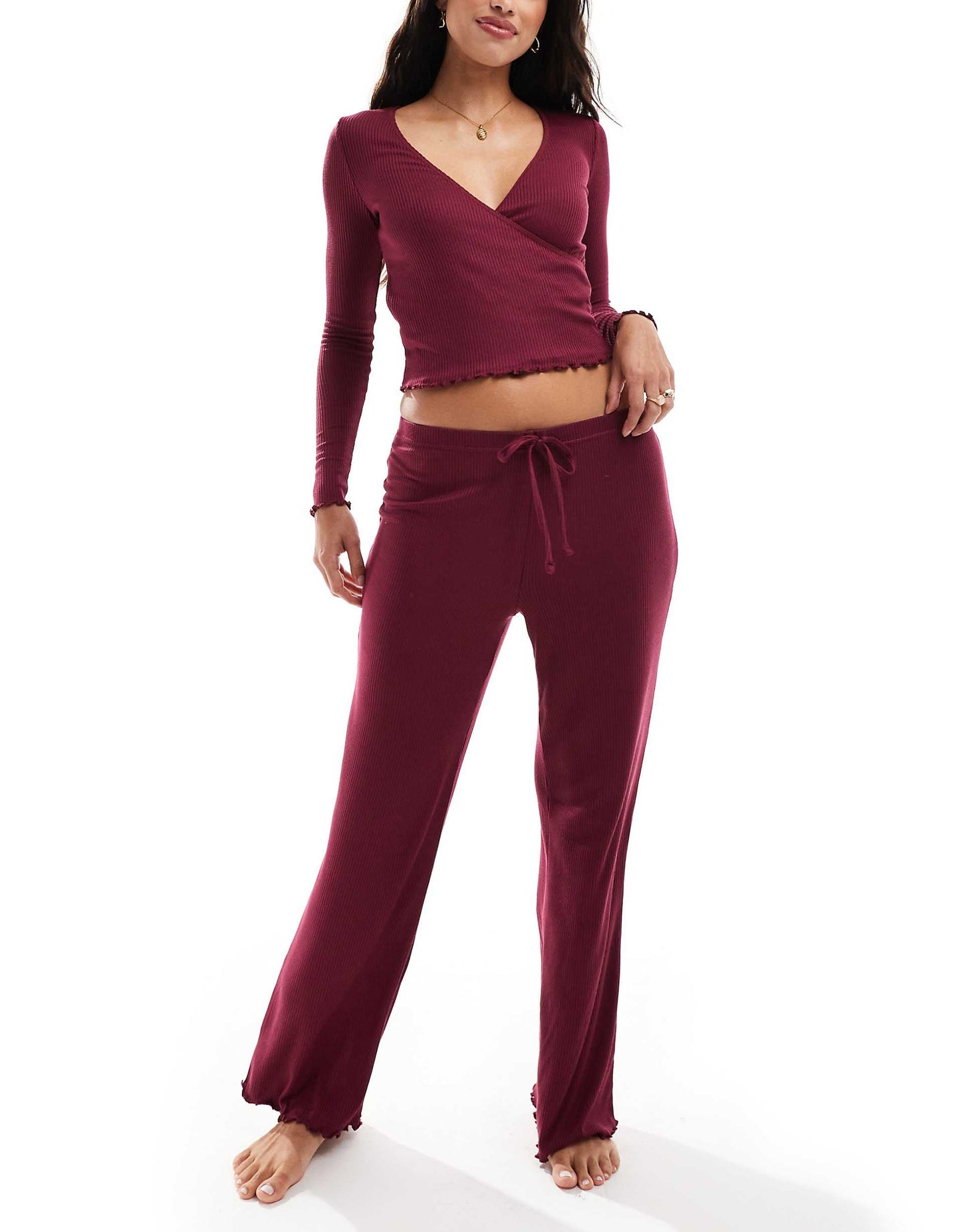Ribbed Wrap Long Sleeve Pyjama Top And Trouser Set