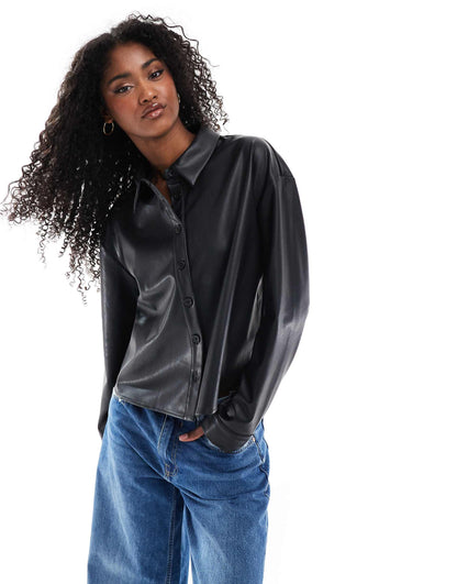 Spliced Volume Leather Look Shirt