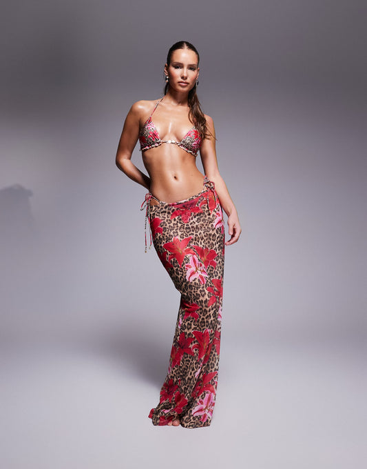 Mesh Maxi Leopard Floral Print Beach Skirt