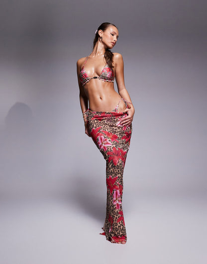 Leopard Floral Triangle Bikini Top