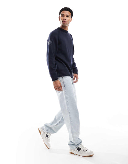 Crew Neck Knit Jumper With Sleeve Patch
