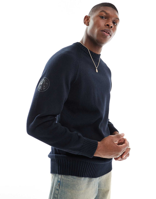 Crew Neck Knit Jumper With Sleeve Patch