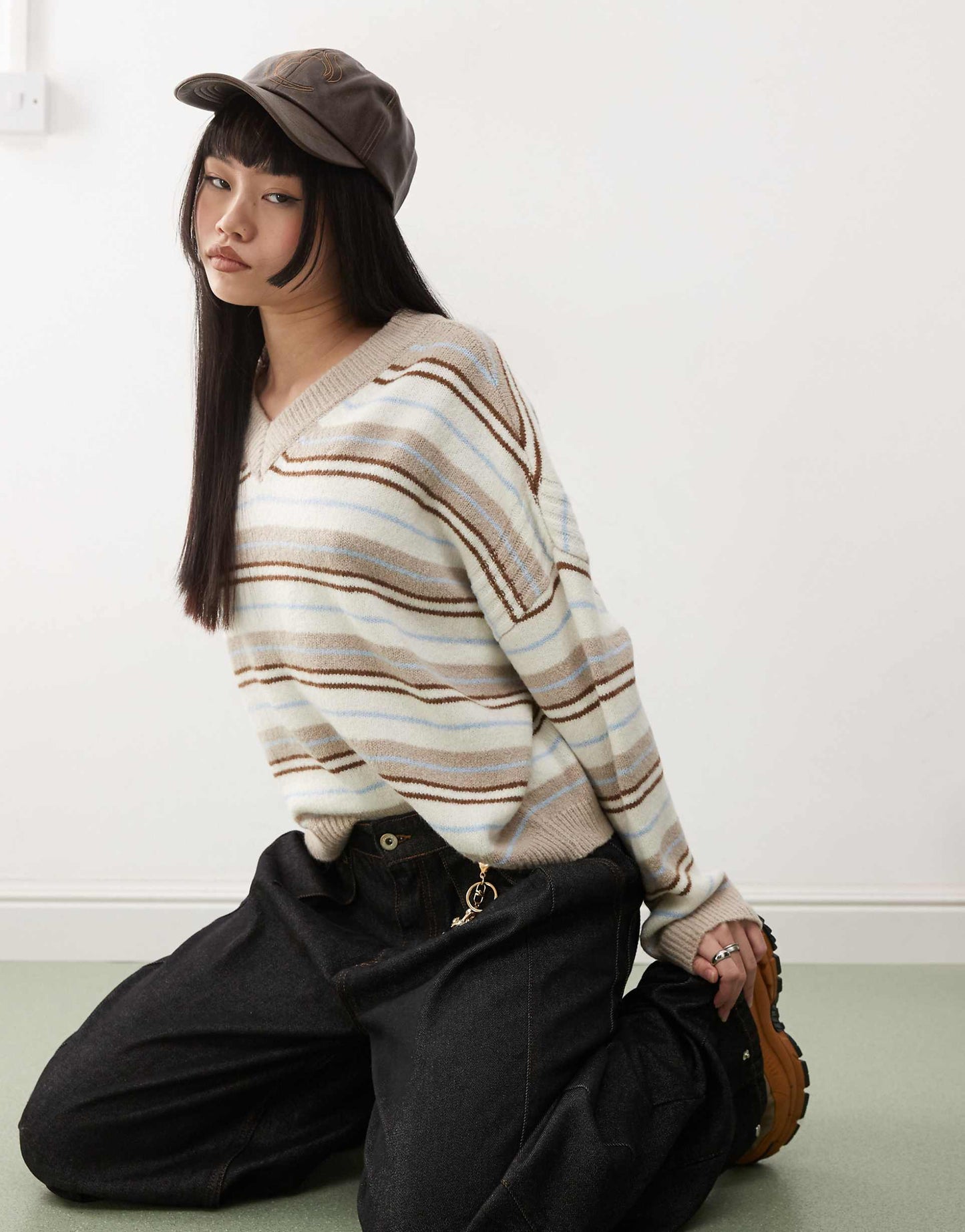 Knitted V Neck Striped Jumper