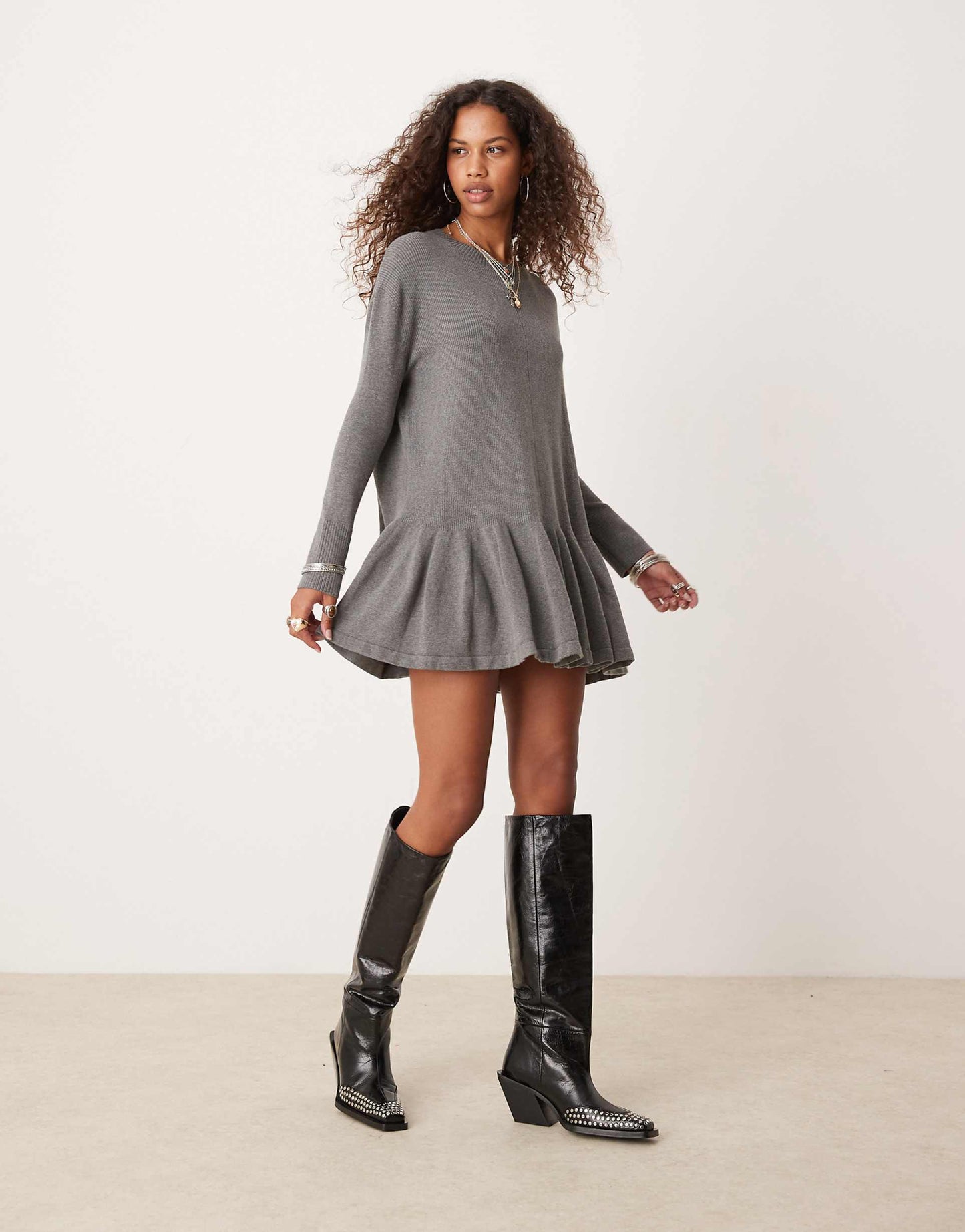Knitted Mini Ruffle Hem Mini Dress