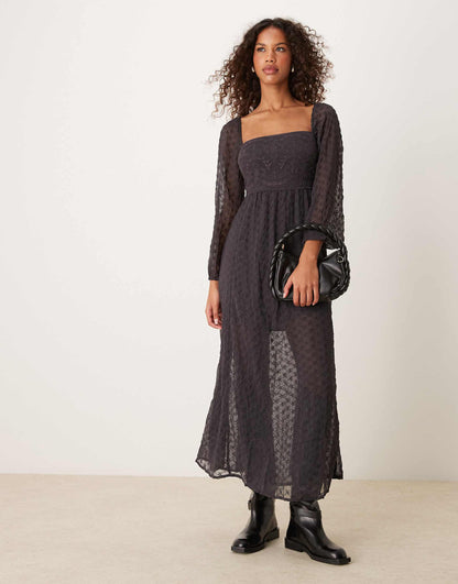 Lace Overlay Puff Sleeve Midaxi Dress