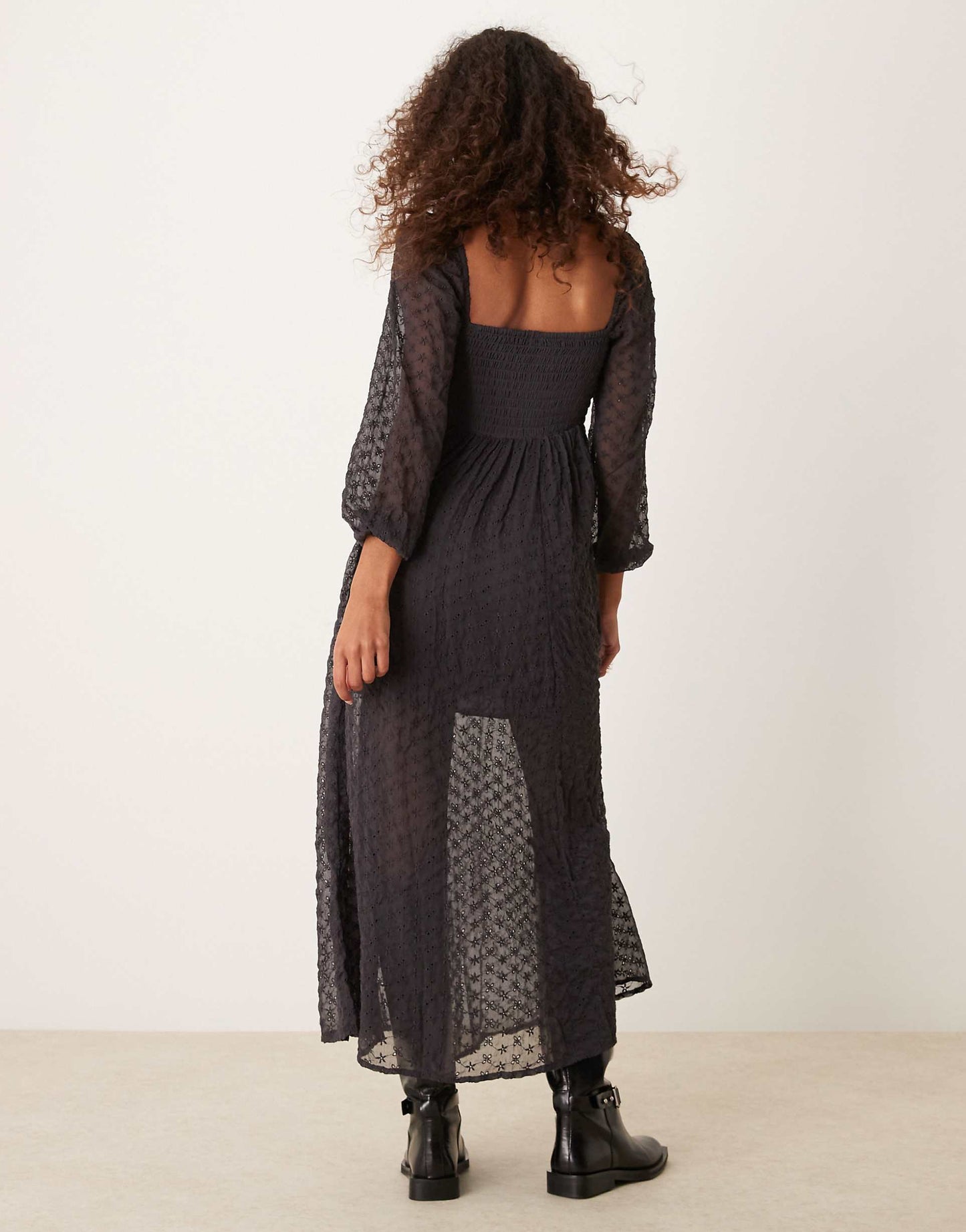 Lace Overlay Puff Sleeve Midaxi Dress