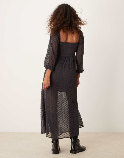 Lace Overlay Puff Sleeve Midaxi Dress