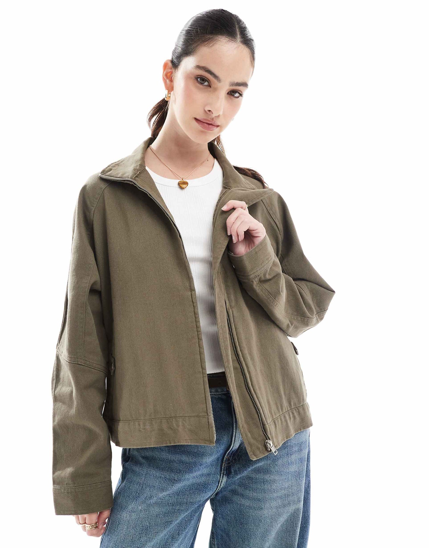 Oversized Twill Funnel Neck Jacket