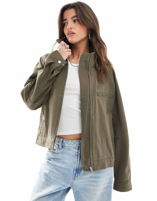 Oversized Twill Funnel Neck Jacket