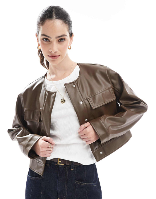 Cropped Collarless Leather Look Jacket