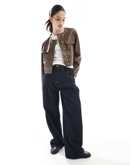 Cropped Collarless Leather Look Jacket