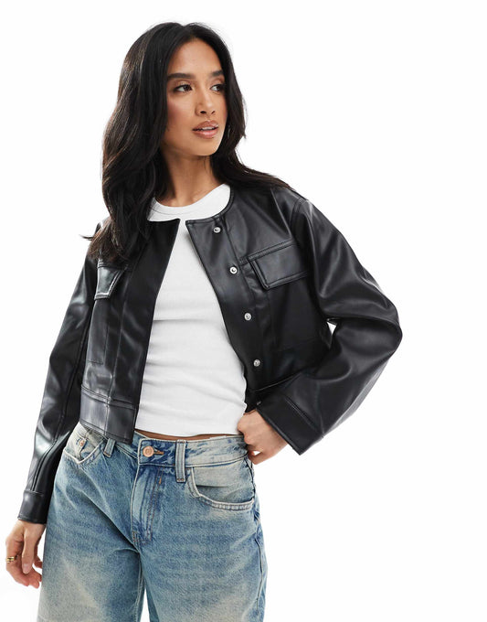 Petite Cropped Collarless Leather Look Jacket