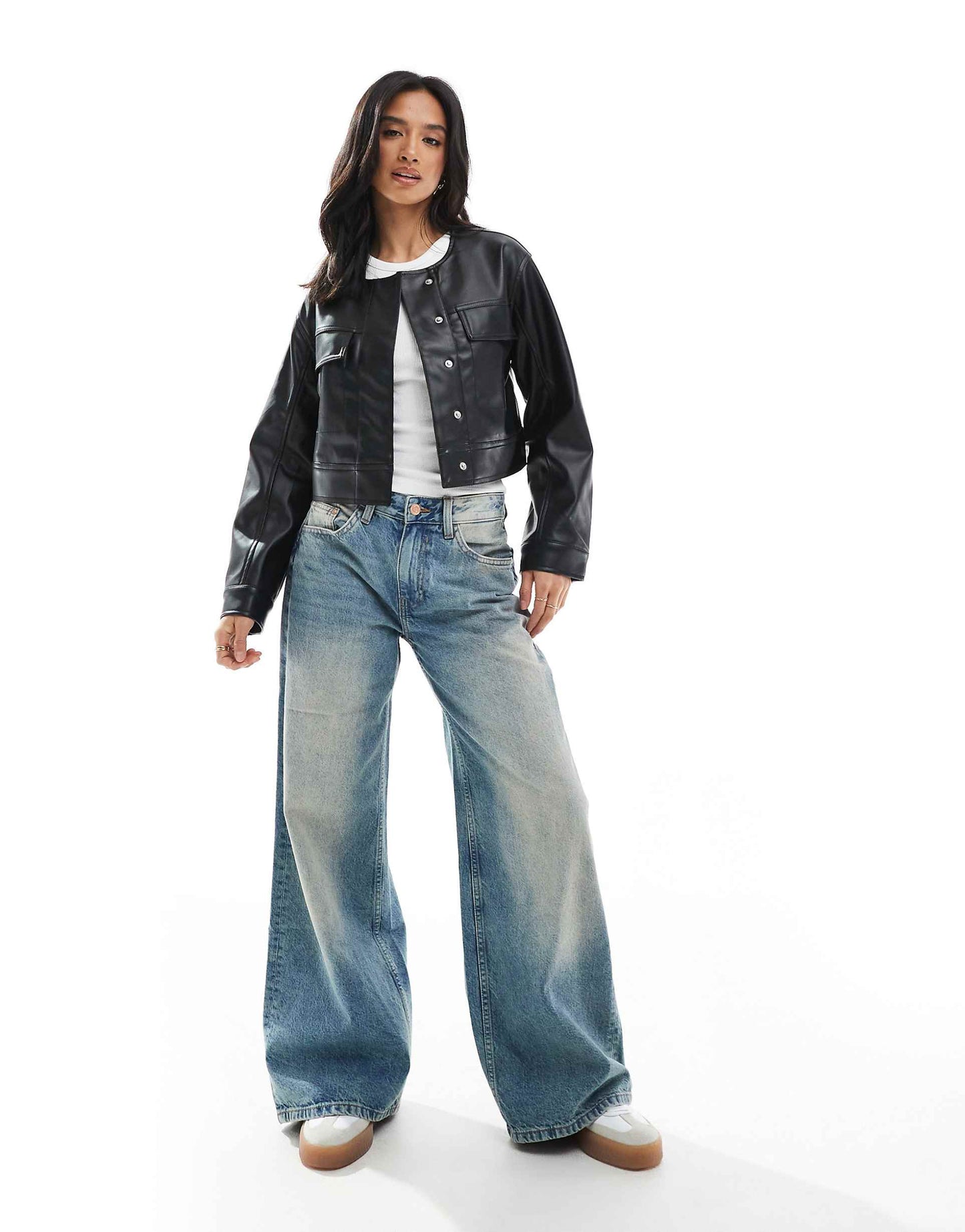 Petite Cropped Collarless Leather Look Jacket