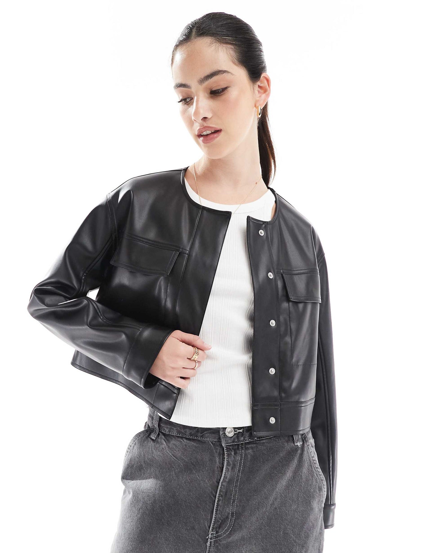 Cropped Collarless Leather Look Jacket