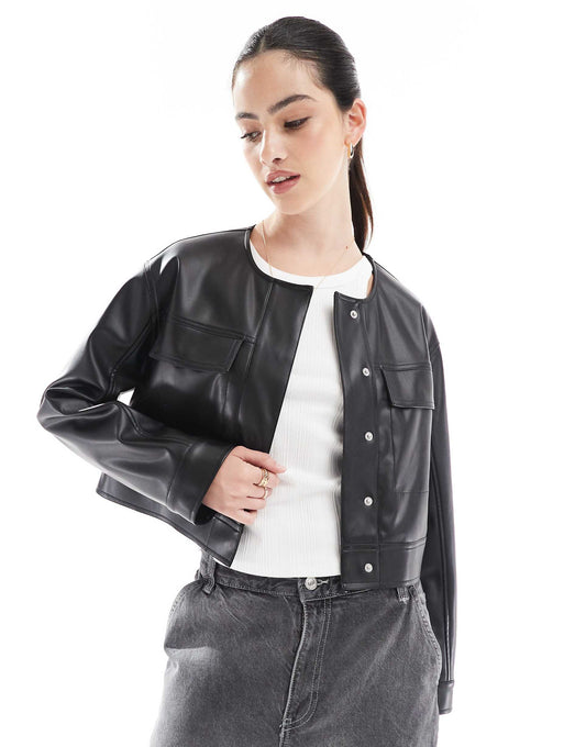 Cropped Collarless Leather Look Jacket