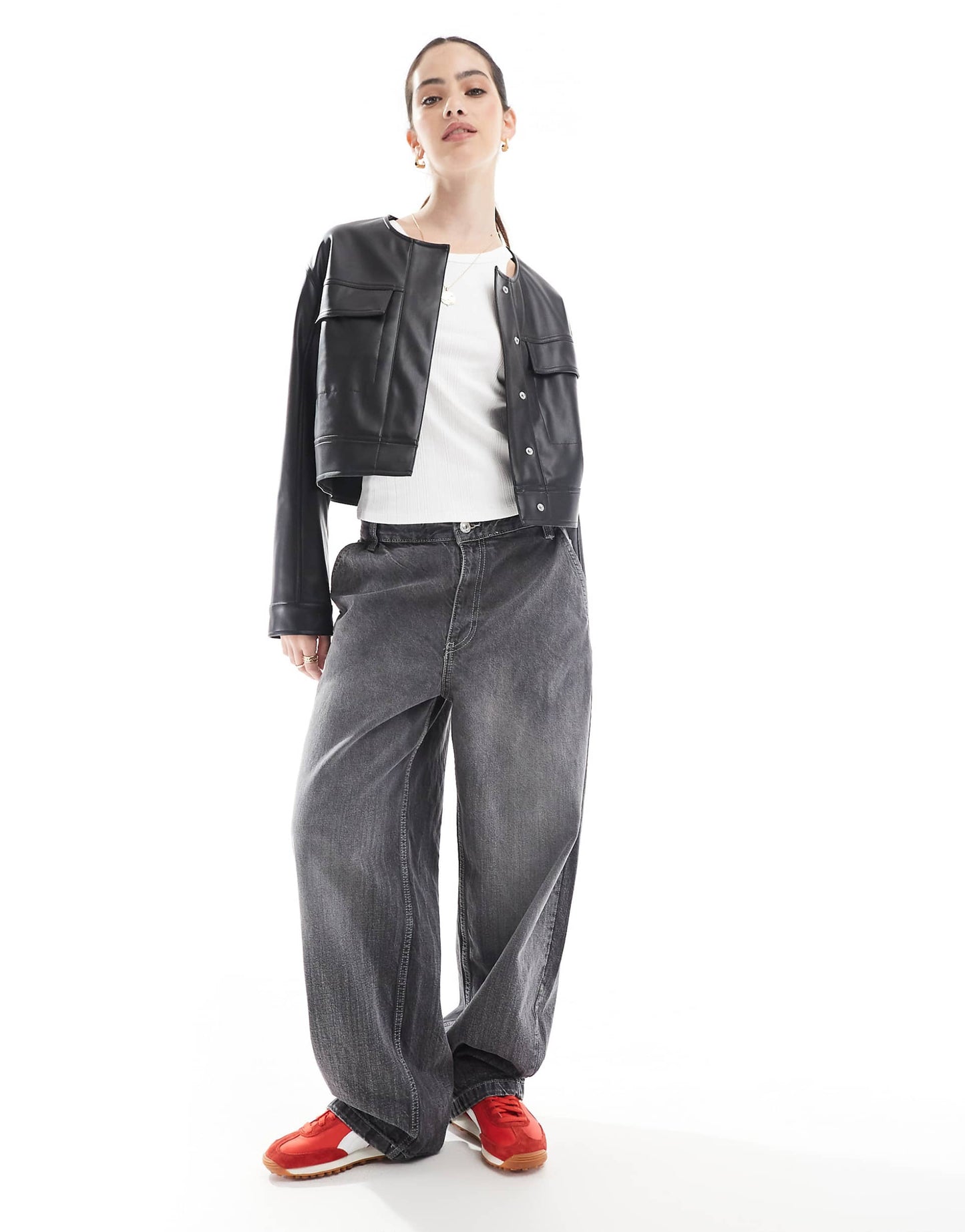 Cropped Collarless Leather Look Jacket