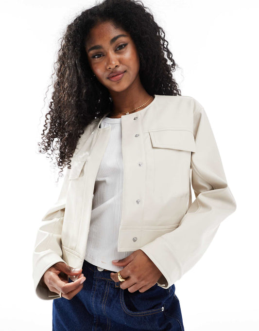Cropped Collarless Leather Look Jacket