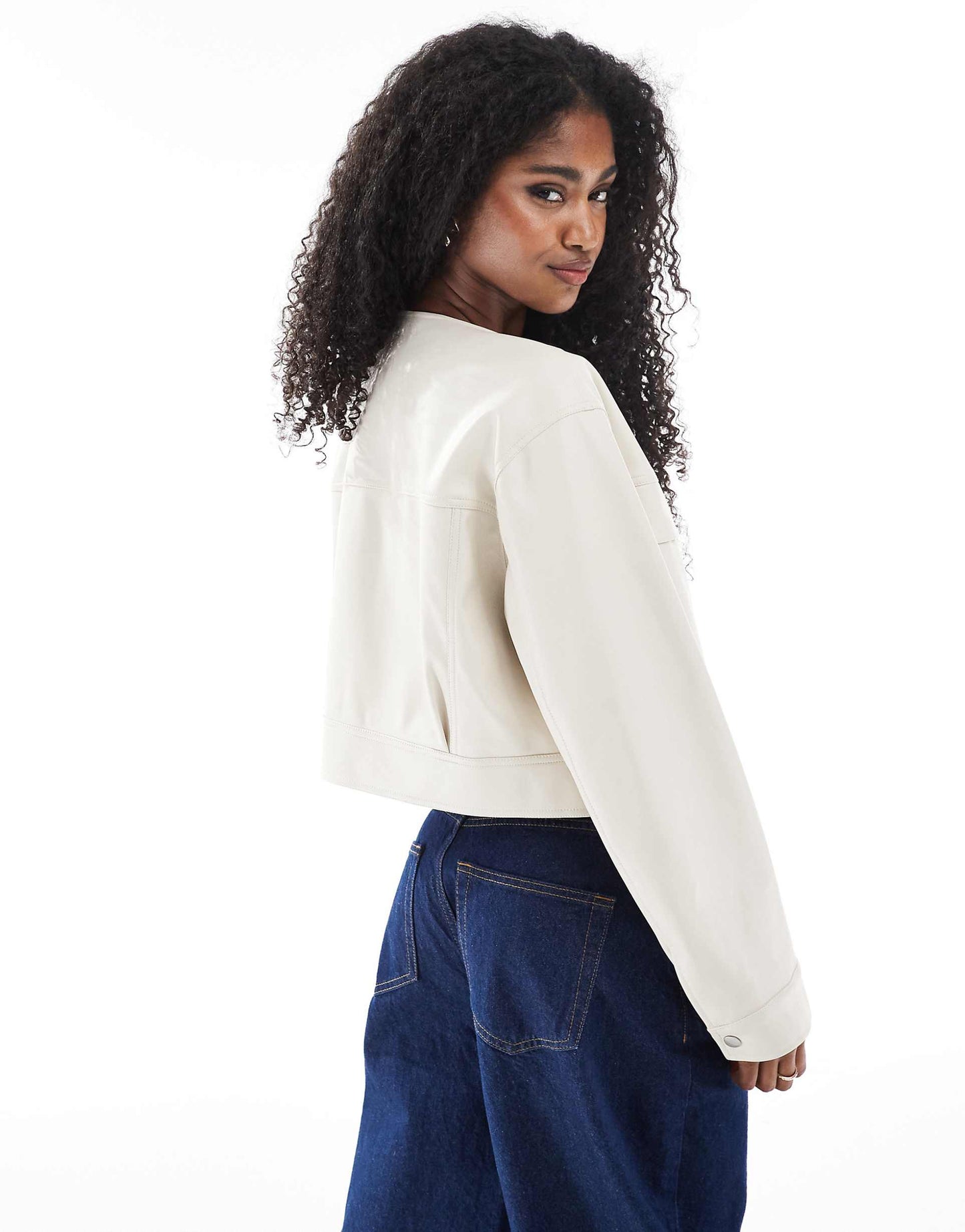 Cropped Collarless Leather Look Jacket