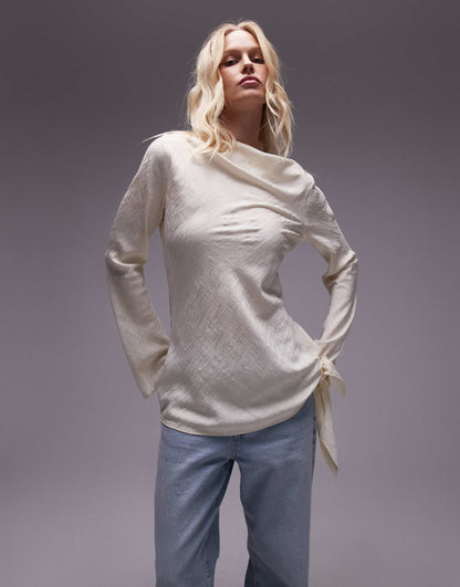 Animal Jacquard Slash Neck Long Sleeve Top