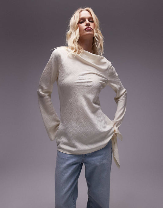 Animal Jacquard Slash Neck Long Sleeve Top